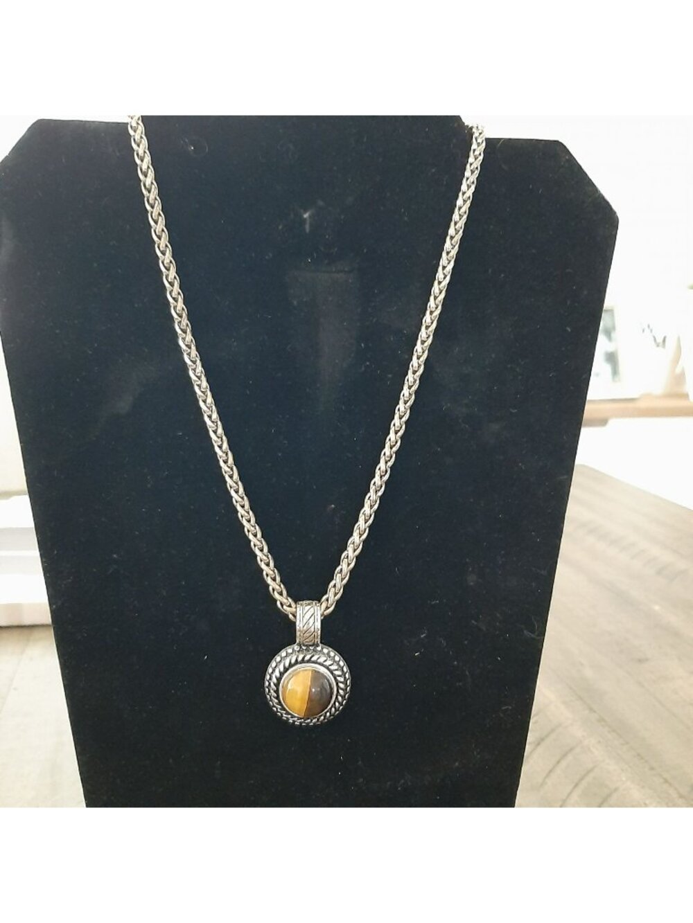 Tiger's Eye Pendant Necklace With Braided Chain Silver Tone boho classic unisex